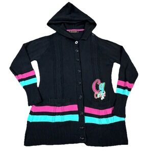 Vintage Coogi Cardigan Sweater Women 1X Black Pink Striped Hoodie Knit Y2K 2000s
